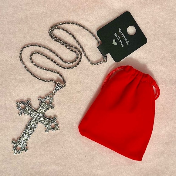 Gothic Cross Charm Necklace Floral Design Big Punk Goth Silver Tone - Picture 2 of 12